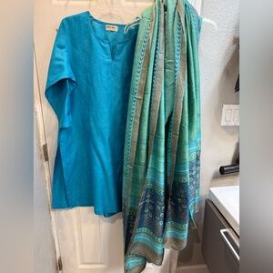 fabindia Indian/Punjabi Turquoise Blue Silk 3 pc suit with churidar and dupatta